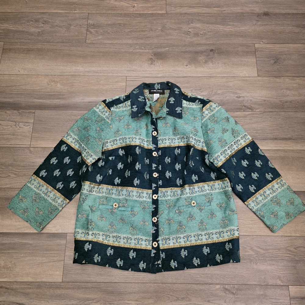 Sag Harbor VTG Size 18w Blue Teal Green Jacket Gold Stitch Design Vintage 90s